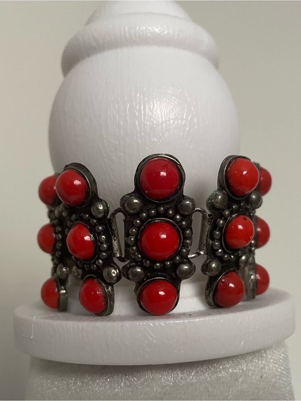 Red Cabochon Link Bracelet Vintage Folk Art Statement Bracelet Boho Retro